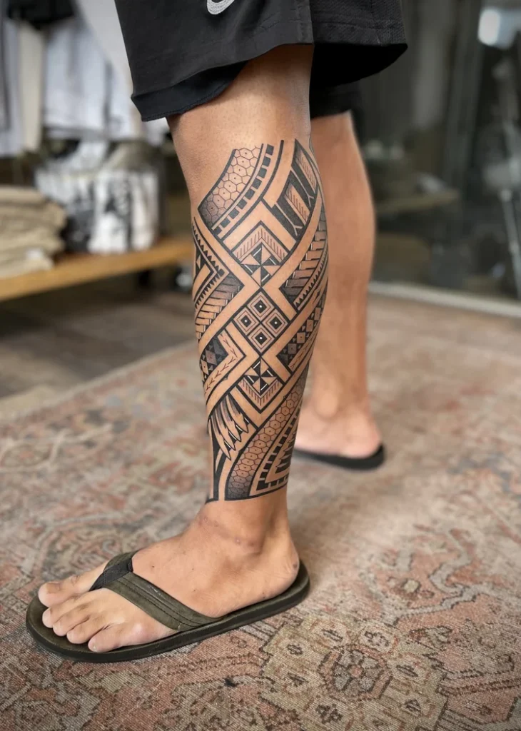 Polynesian-style tribal leg tattoo - By Kiwi Burt 18b Tattoo