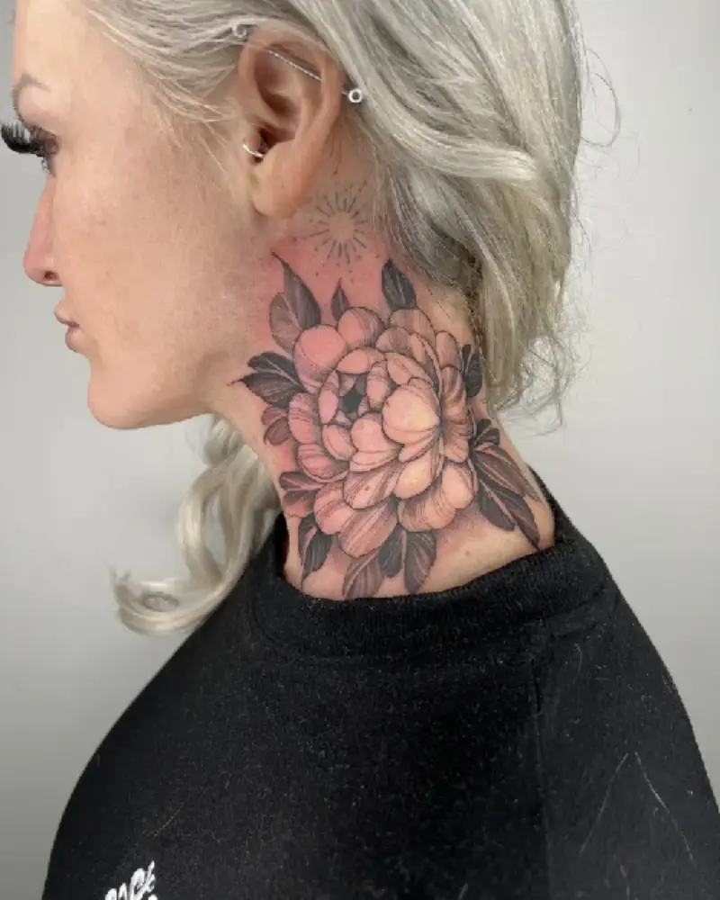black and grey illustrative peony tattoo on Neck - By Mike Ta 18b Tattoo