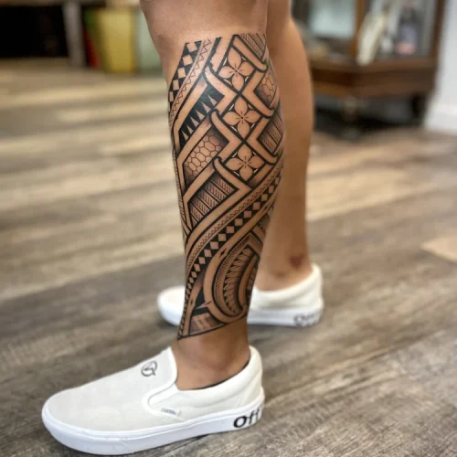 Polynesian tribal calf tattoo of geometric blackwork | Las Vegas Arts District
