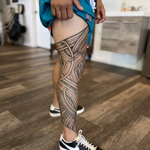 Full-leg Polynesian tribal tattoo wrap | Downtown Las Vegas