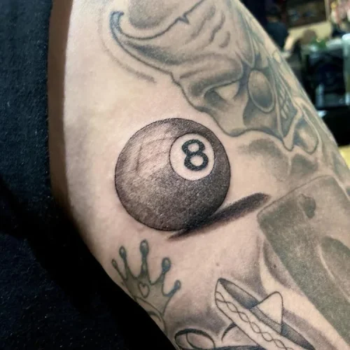 Realistic black and grey 3D 8-ball tattoo- By Marcos Ta 18b Tattoo