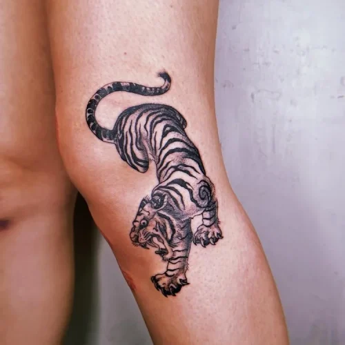 Black and grey illustrative forearm tattoo of Tiger | Las Vegas Arts District