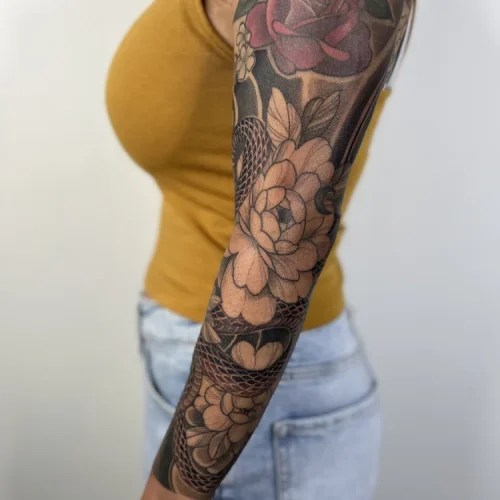 Full black and grey illustrative tattoo sleeve - By Mike Ta 18b Tattoo