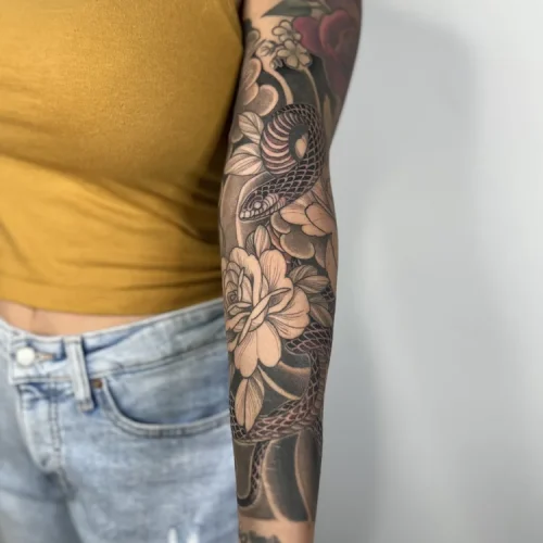 Full black and grey illustrative tattoo sleeve - By Mike Ta 18b Tattoo 2