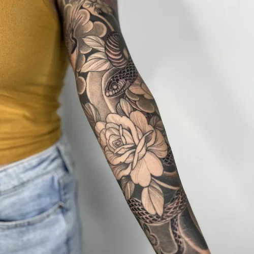 Full black and grey illustrative tattoo sleeve - By Mike Ta 18b Tattoo