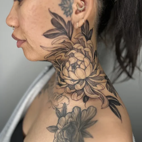 illustrative chrysanthemum tattoo on the neck| Las Vegas Arts District