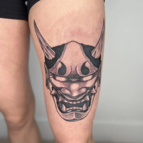 Illustrative thigh tattoo of a Japanese Hannya mask- By Mike Ta 18b