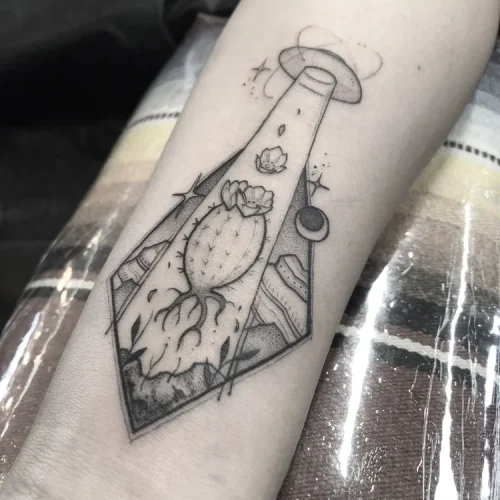 Black and grey tattoo of a blooming cactus | Las Vegas Arts District