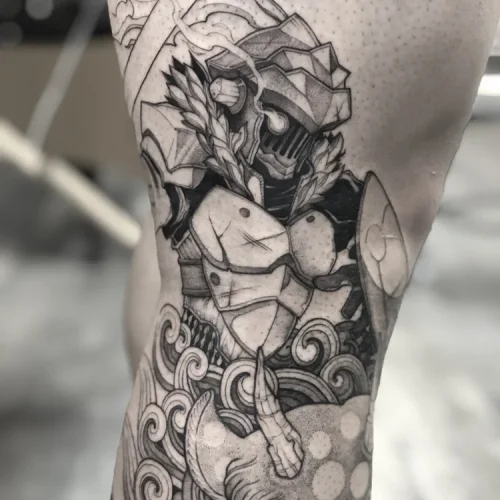 Black and grey illustrative tattoo of Goblin Slayer - By Tyson 18b Tattoo