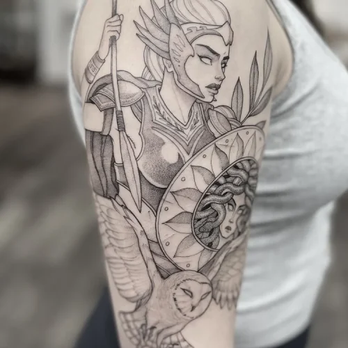 Athena goddess tattoo and Medusa shield - By Tyson 18b Tattoo