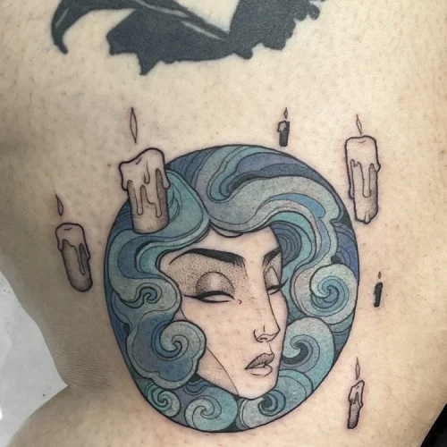 Illustrative tattoo of a pin-up style woman - By Tyson 18b Tattoo