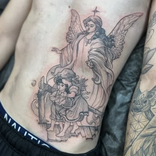 Illustrative torso tattoo of a guardian angel on Body | Las Vegas Arts District