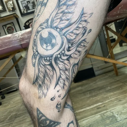 winged eyeball tattoo in black and grey | Downtown Las Vegas